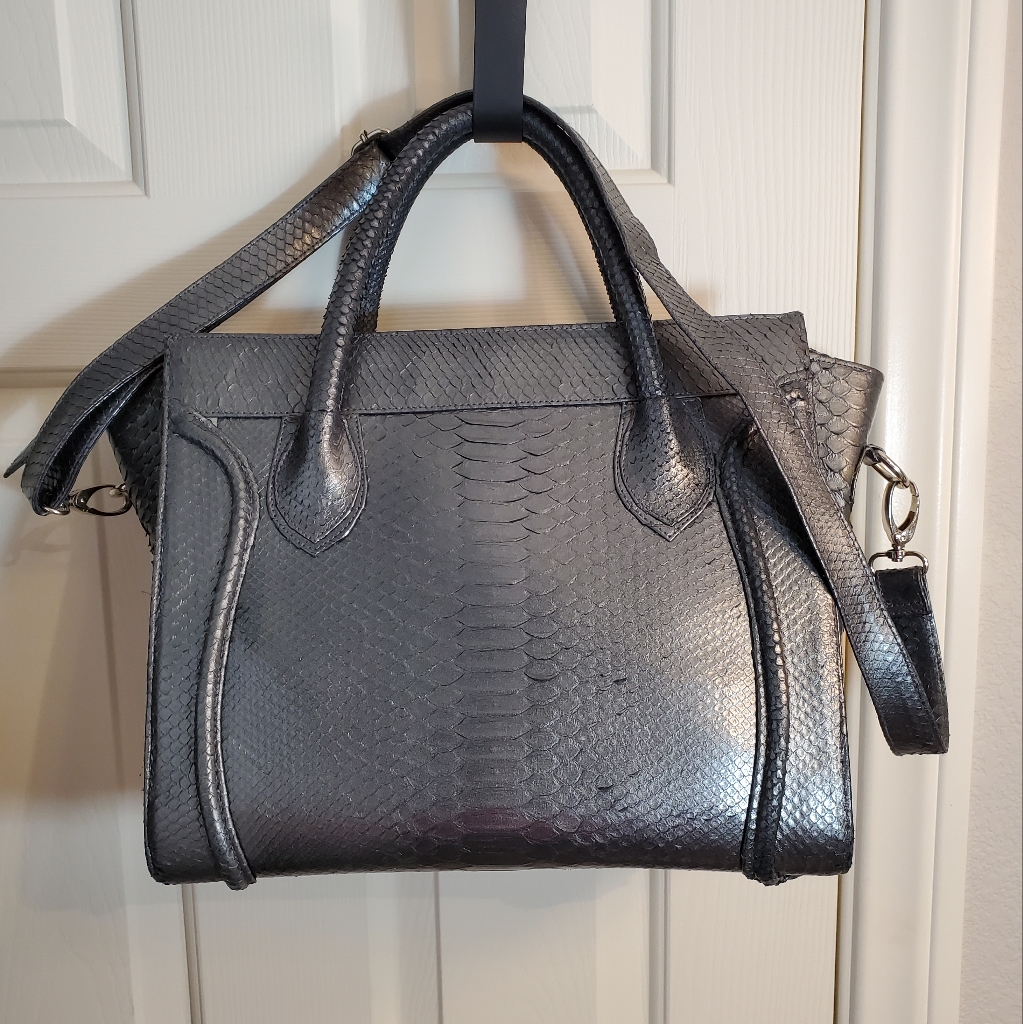 Genuine Python Metallic Gray Large Handbag